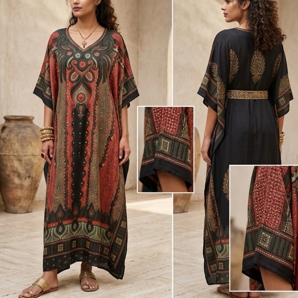 Sante Classics Kaftan Maxi Dress One Size Black Rust Paisley Boho V-Neck Kimono‎
